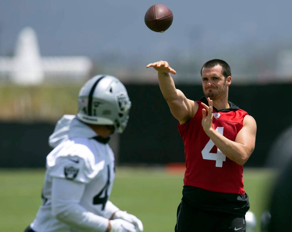 Oakland Raiders quarterback Derek Carr (4) throws a pass during an official team activity, Tues ...