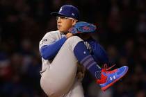 In this April 23, 2019, file photo, Los Angeles Dodgers' Julio Urias pitches against the Chicag ...