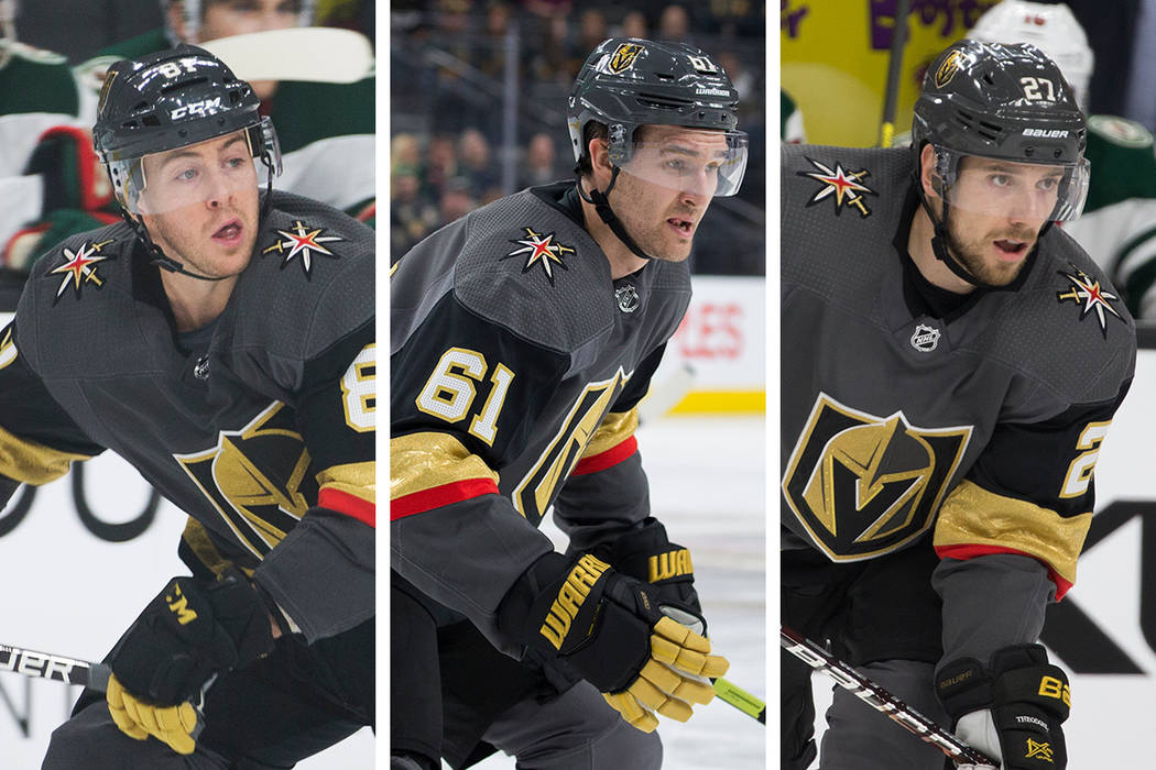 Golden Knights players Jonathan Marchessault (from left), Mark Stone and Shea Theodore are play ...