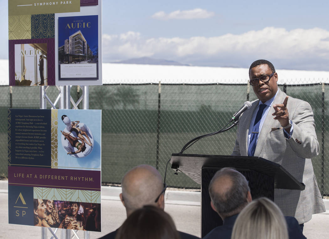 Councilman Cedric Crear, right, speaks during a ground breaking ceremony for the first resident ...