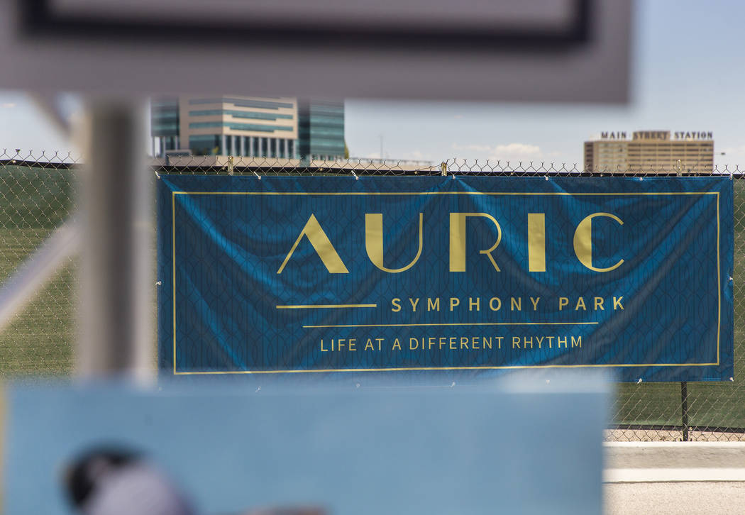 Signage for Auric, the first residential development at Symphony Park in Downtown Las Vegas, ha ...
