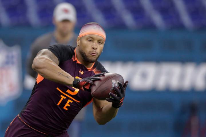 In this Saturday, March 2, 2019 file photo, Notre Dame tight end Alize Mack runs a drill at the ...