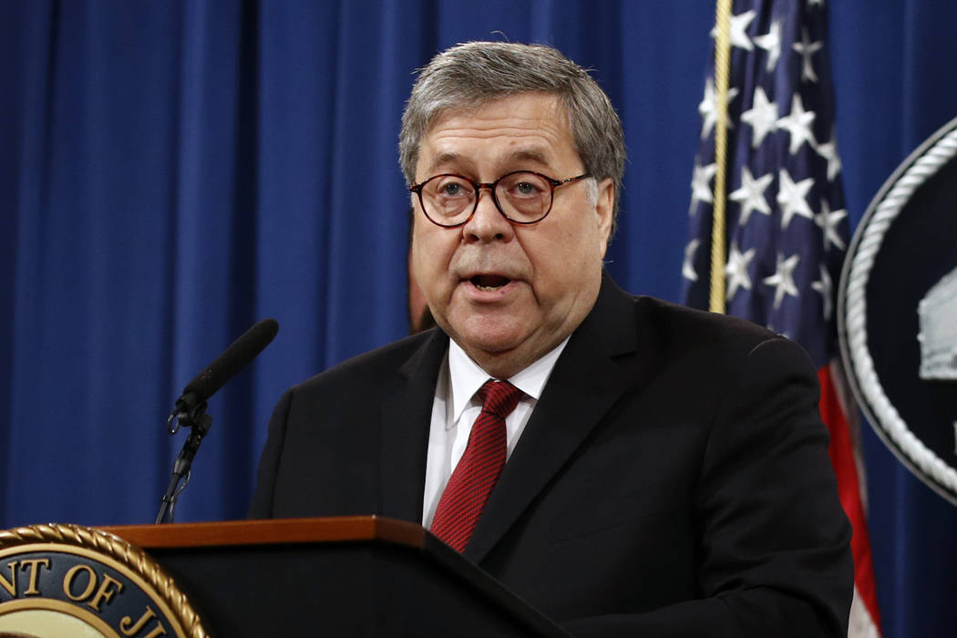 FILE - In this April 18, 2019, file photo, Attorney General William Barr speaks about the relea ...