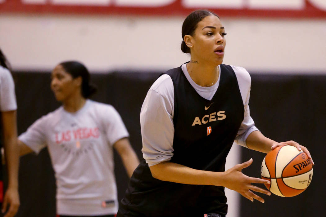 Aces center Liz Cambage during practice at the Cox Pavilion in Las Vegas Tuesday, May 21, 2019. ...