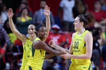 In this Wednesday, Sept. 12, 2018, file photo, from left, Seattle Storm's Sue Bird, Jewell Loyd ...