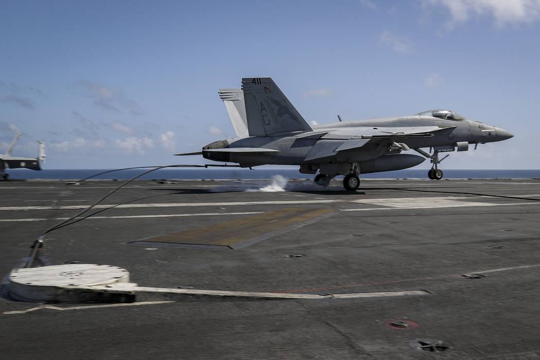 In this Monday, May 20, 2019 photo, an F/A-18E Super Hornet from the ìFist of the Fleet&#x ...