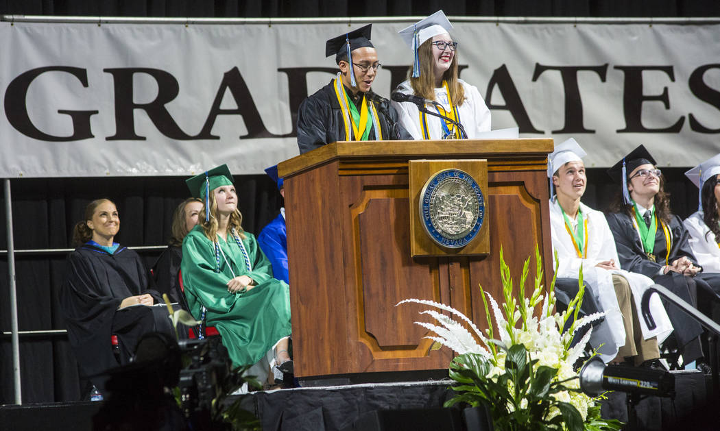 Graduating Green Valley High School valedictorian Benel Higuchi, left, speaks alongside fellow ...
