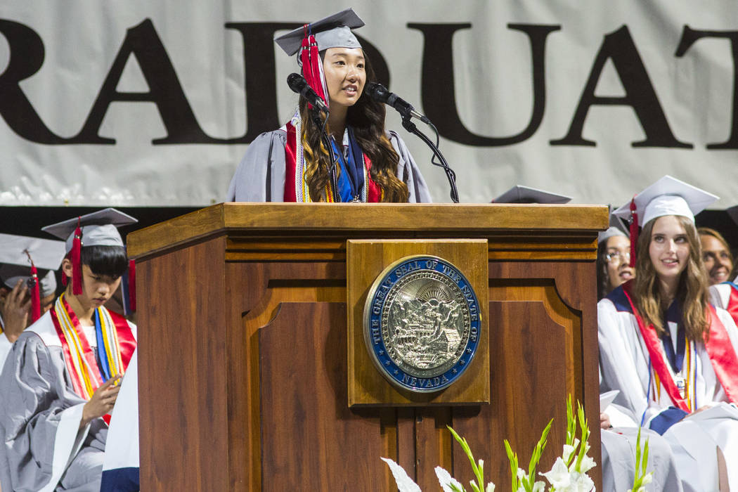Graduating Coronado High School valedictorian Amy Kang speaks during the graduation ceremony at ...