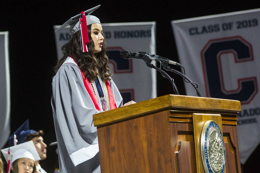 Graduating Coronado High School valedictorian Olivia Yamamoto speaks during the graduation cere ...