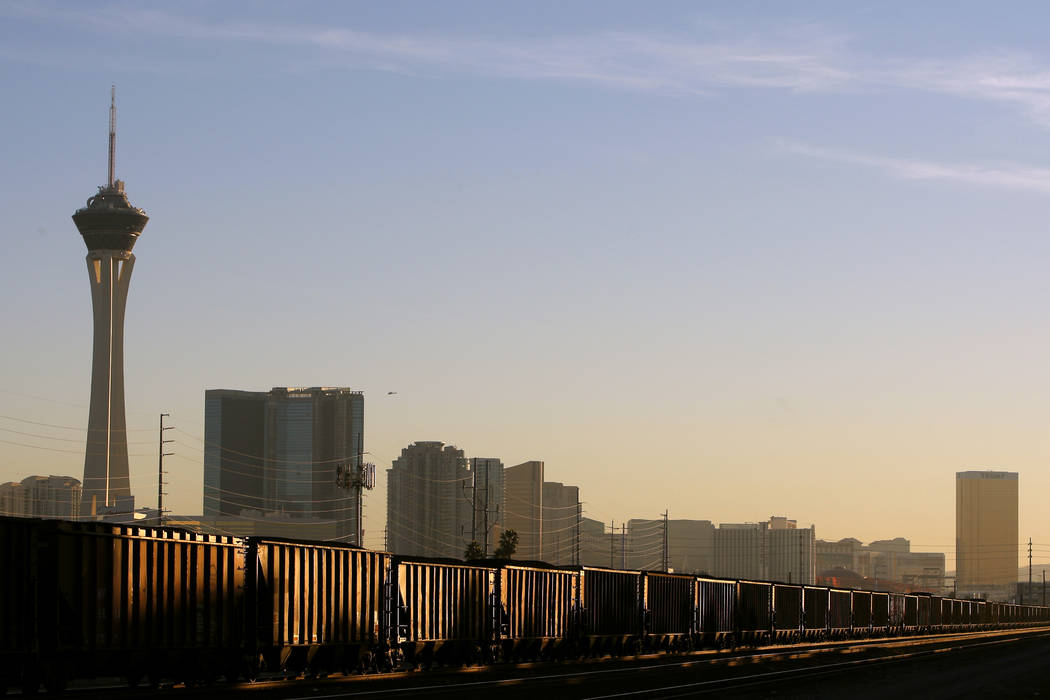 A Union Pacific train moves through downtown Las Vegas Tuesday, Jan. 6, 2015. The City of Las V ...