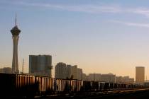 A Union Pacific train moves through downtown Las Vegas Tuesday, Jan. 6, 2015. The City of Las V ...