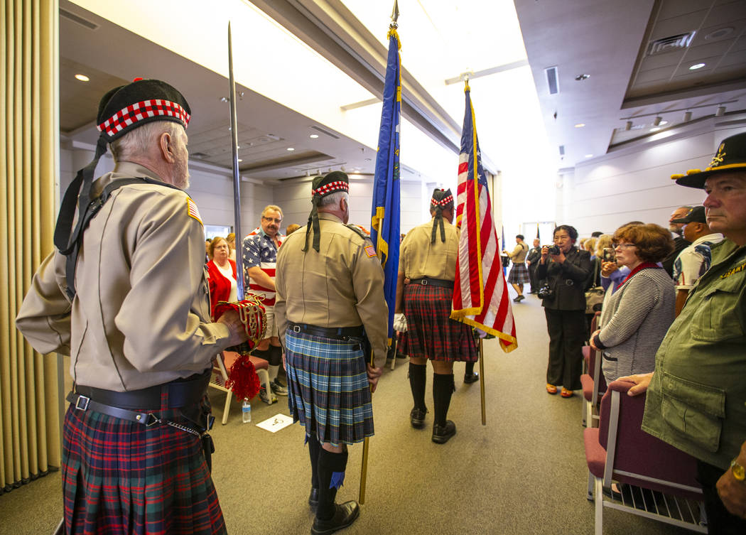 The Presentation of Colors begins during a Memorial Day ceremony at the Southern Nevada Veteran ...