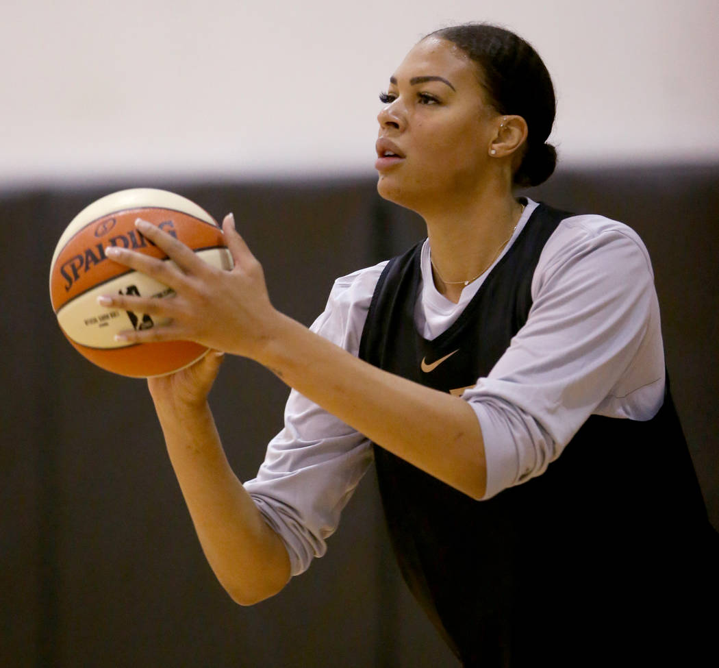 Aces center Liz Cambage during practice at the Cox Pavilion in Las Vegas Tuesday, May 21, 2019. ...