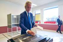 Leader of Dutch Party for Freedom Geert Wilders casts his ballot for the European elections in ...