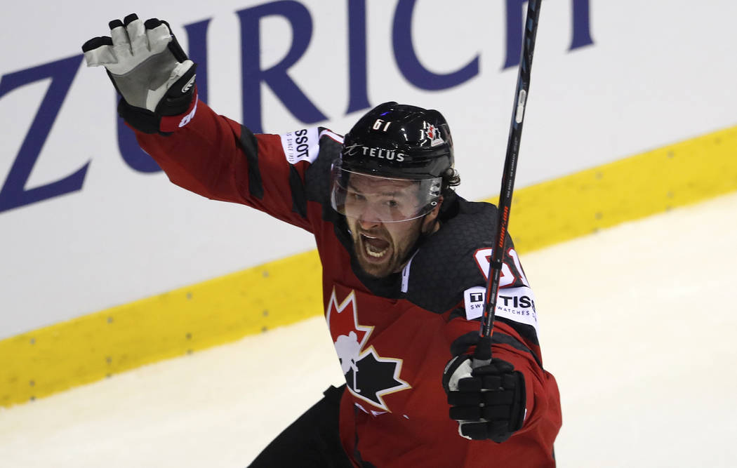 Canada's Mark Stone celebrates after scoring his side's third goal during the Ice Hockey World ...