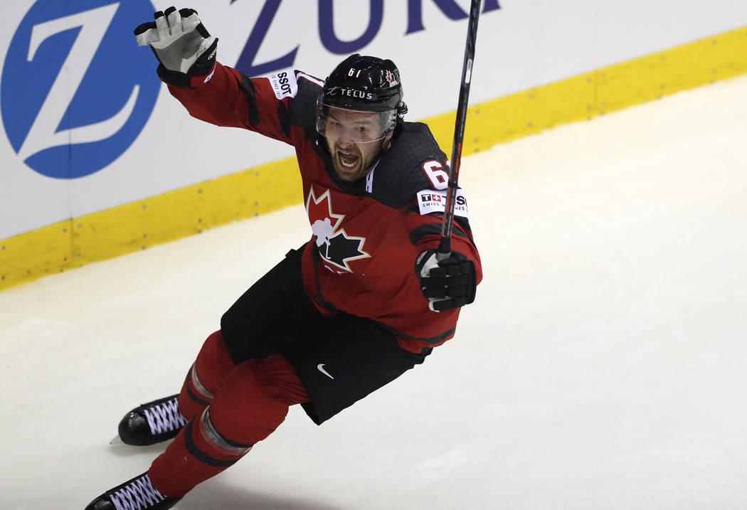 Canada's Mark Stone celebrates after scoring his side's third goal during the Ice Hockey World ...