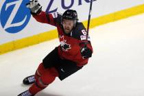 Canada's Mark Stone celebrates after scoring his side's third goal during the Ice Hockey World ...
