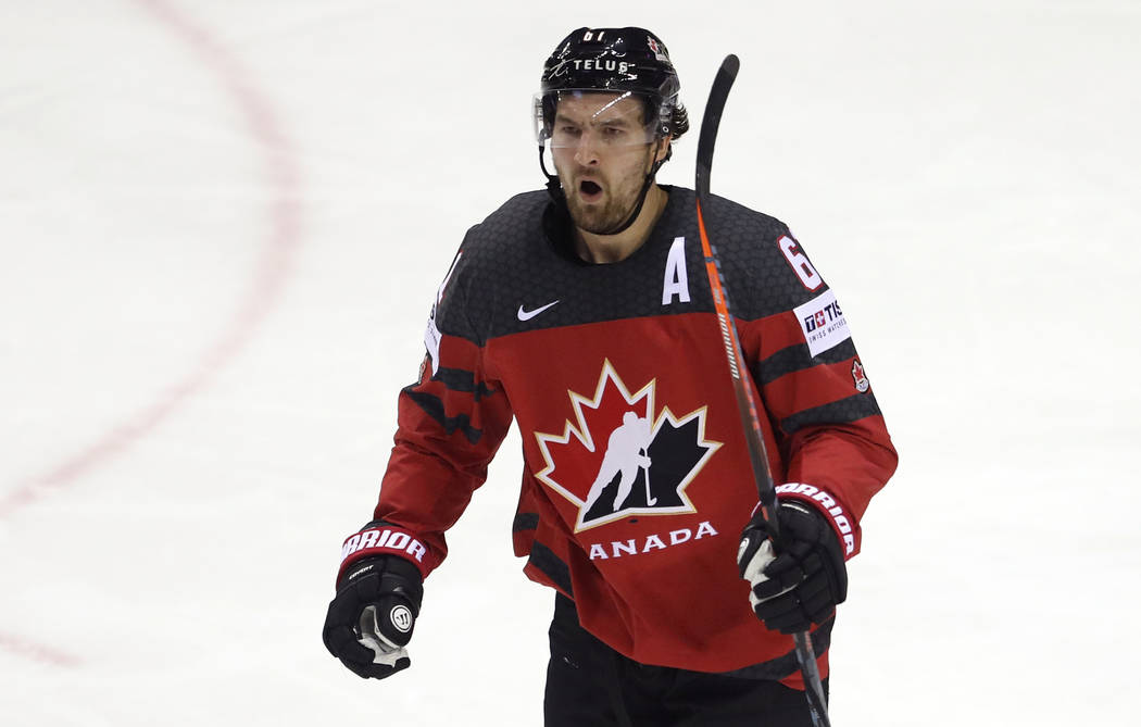 Canada's Mark Stone celebrates after scoring his side's first goal during the Ice Hockey World ...