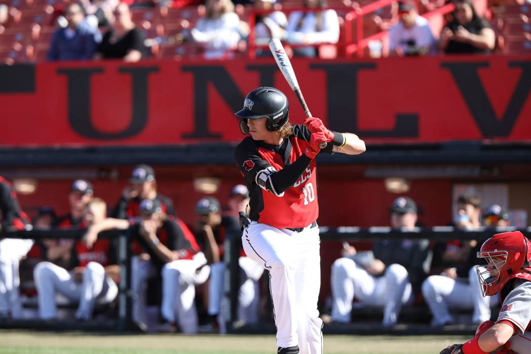 UNLV shortstop Bryson Stott bats in an 8-5 loss to Bradley on March 9 at Wilson Stadium. Photo ...