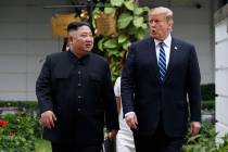 In a Feb. 28, 2019, file photo, President Donald Trump and North Korean leader Kim Jong Un take ...