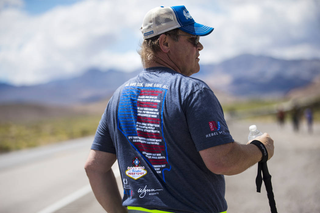 Air Force veteran Tracy Freed, of Beatty, wears a shirt with the names of fallen Nevada veteran ...
