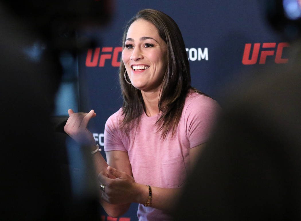 UFC women's flyweight title contender Jessica Eye answers questions at a media event at the UFC ...