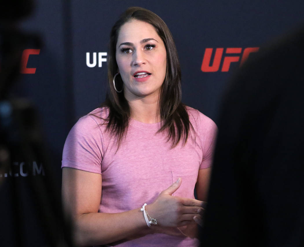 UFC women's flyweight title contender Jessica Eye answers questions at a media event at the UFC ...