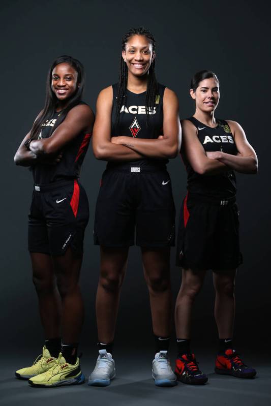 Las Vegas Aces' Jackie Young, from left, A'ja Wilson, and Kelsey Plum, at the Mandalay Bay Even ...