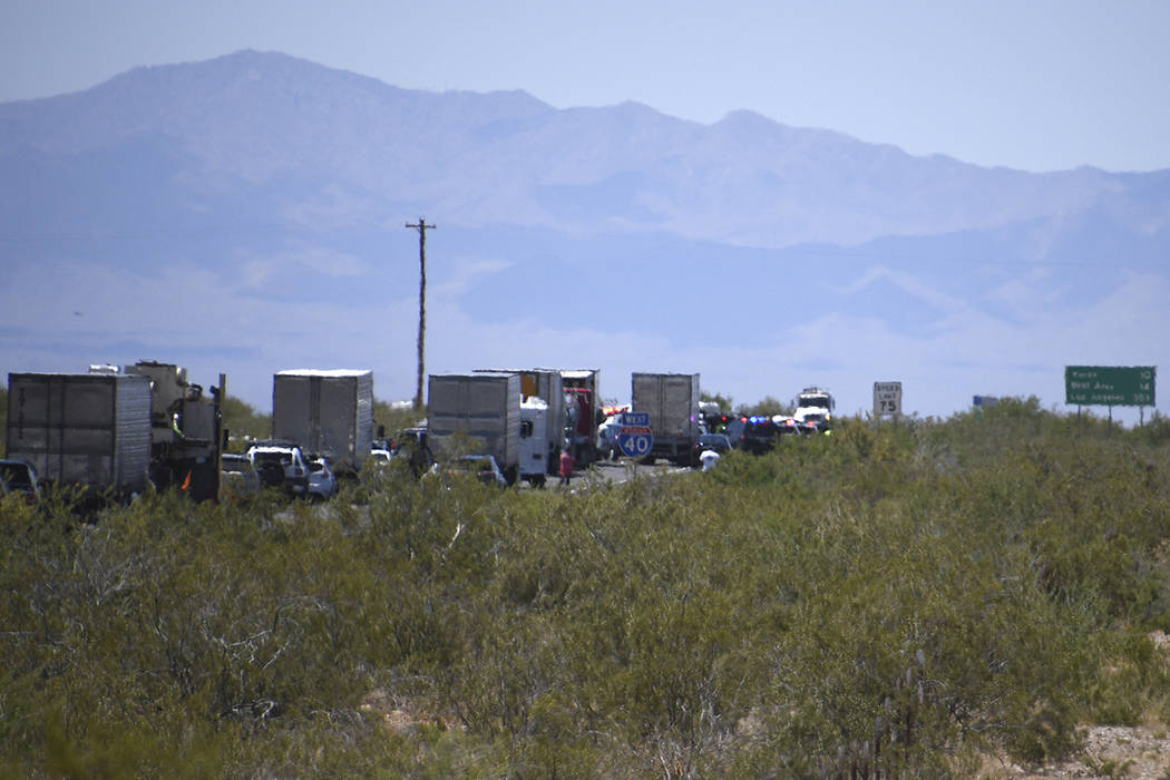 Traffic is stopped on Interstate 40 after a wrong-way crash Friday, May 24, 2019, near Kingman, ...