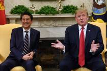 In this April 26, 2019, file photo, U.S. President Donald Trump, right, speaks while meeting wi ...