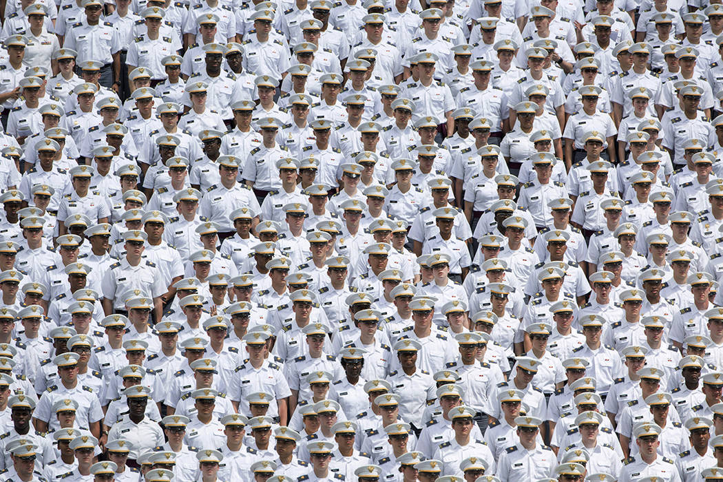 West Point cadets listen to Vice President Mike Pence speak during graduation ceremonies at the ...