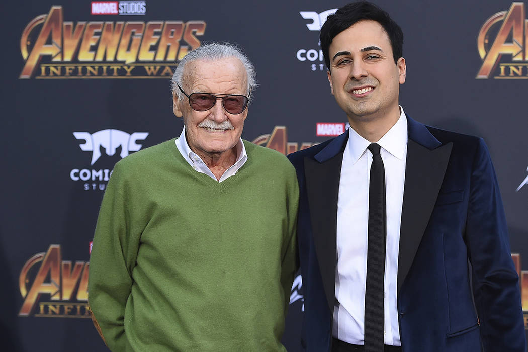 In this April 23, 2018, file photo, Stan Lee, left, and Keya Morgan arrive at the world premier ...