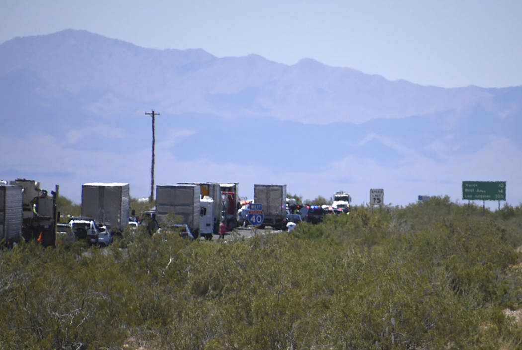 Traffic is stopped on Interstate 40 after a wrong-way crash Friday, May 24, 2019, near Kingman, ...