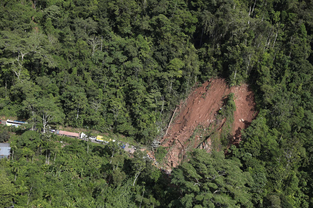 An aerial view shows a landslide caused by a quake in Yurimaguas, Peru, Sunday, May 26, 2019. A ...