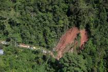 An aerial view shows a landslide caused by a quake in Yurimaguas, Peru, Sunday, May 26, 2019. A ...
