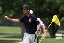 Kevin Na gestures after making a birdie on the sixth green in the final round of the Charles Sc ...
