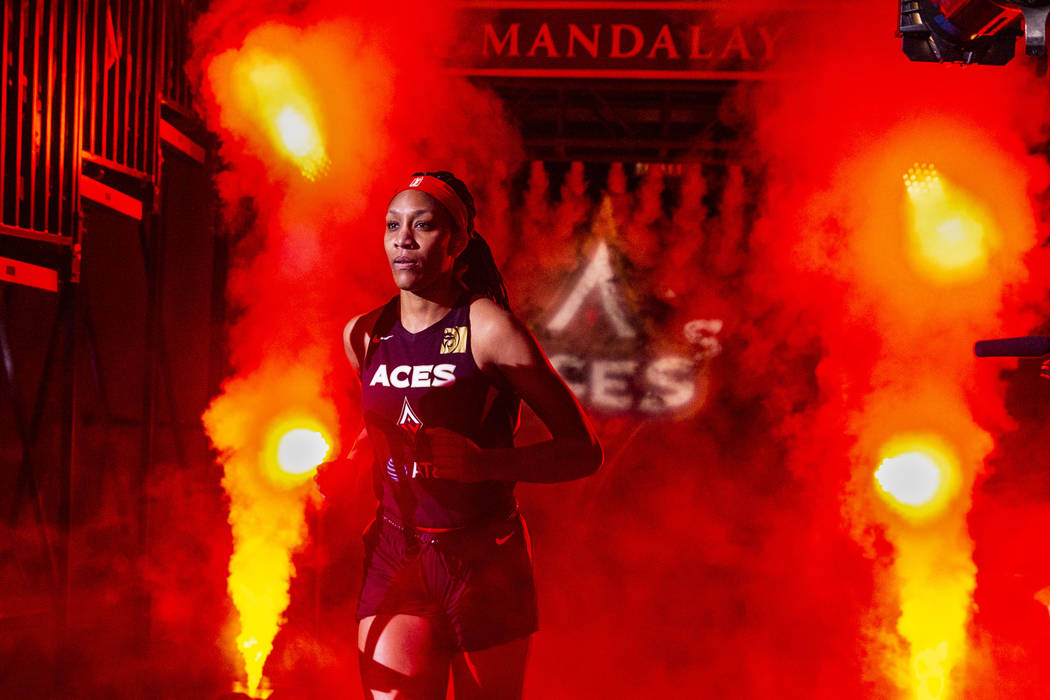 Las Vegas Aces center A'ja Wilson (22) is introduced before the team faces the Los Angeles Spar ...