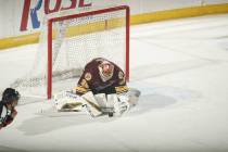 Chicago Wolves goaltender Oscar Dansk makes a save during the second period Monday, May 27, 201 ...
