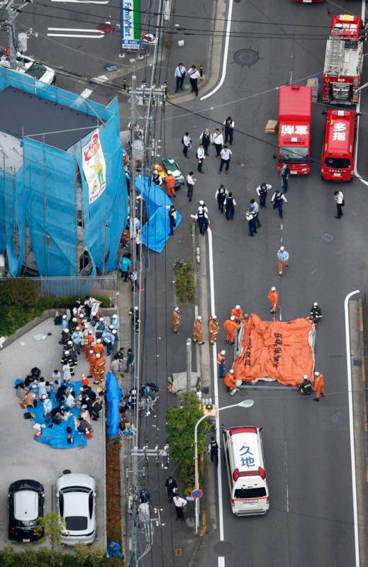 This aerial photo shows the scene of an attack in Kawasaki, near Tokyo Tuesday, May 28, 2019. A ...