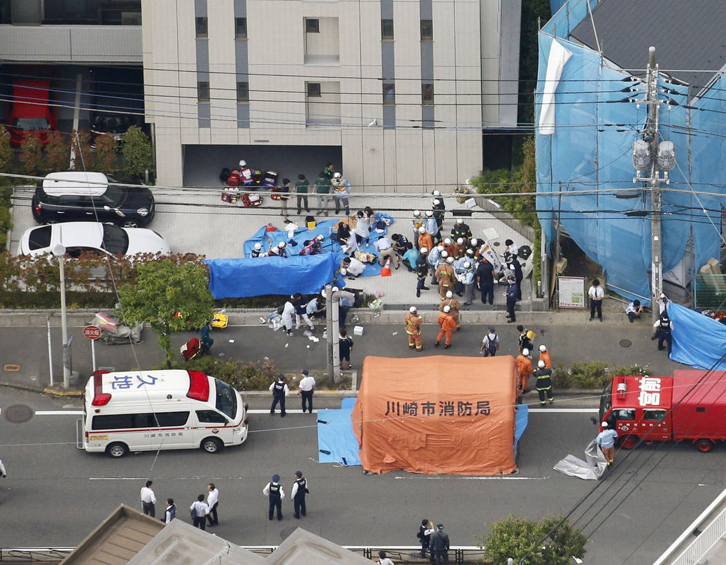 This aerial photo shows the scene of an attack in Kawasaki, near Tokyo Tuesday, May 28, 2019. A ...