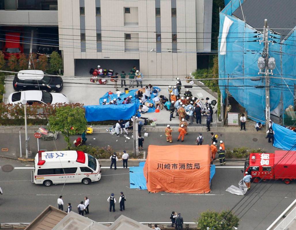 This aerial photo shows the scene of an attack in Kawasaki, near Tokyo Tuesday, May 28, 2019. A ...