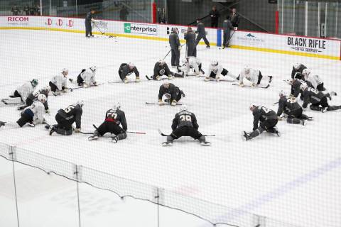 Players stretch during a Vegas Golden Knights development camp at the City National Arena in La ...