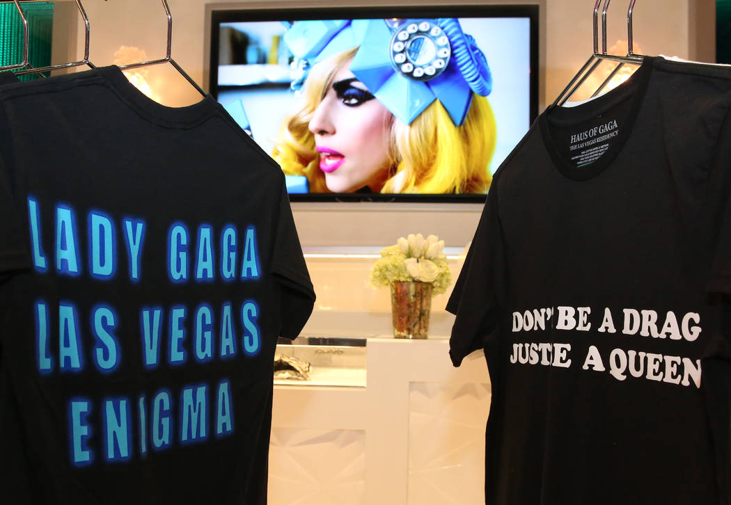 T-shirts are displayed at Haus of Gaga store during a media preview on Wednesday, May 29, 2019, ...