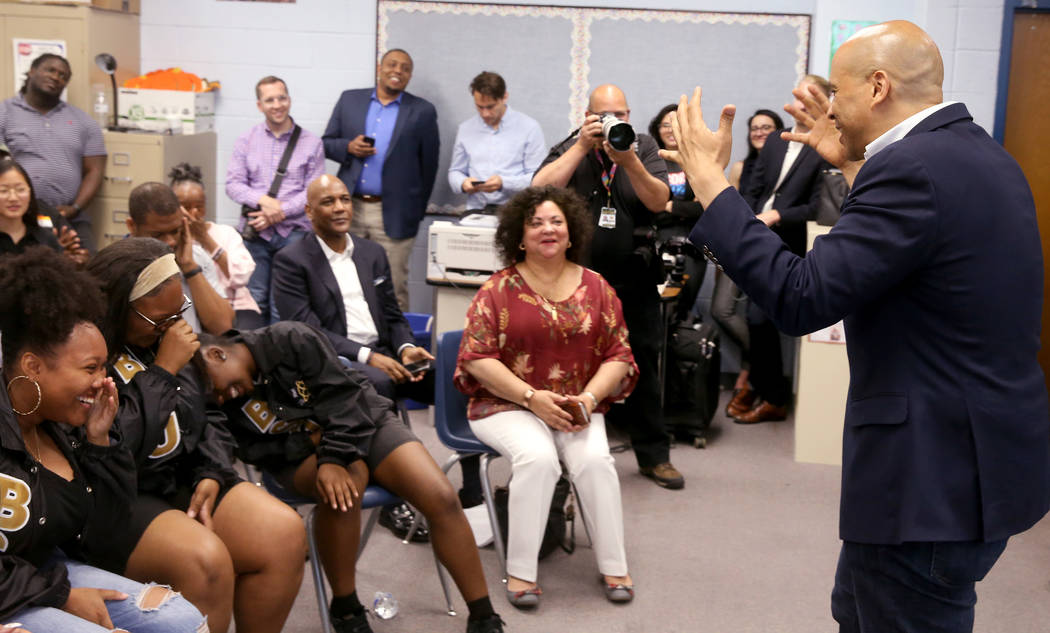Presidential hopeful Sen. Cory Booker, D-N.J., jokes about students not having questions, from ...