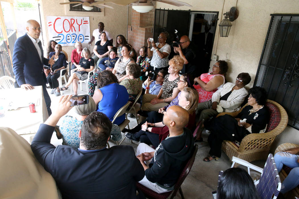 Presidential hopeful Sen. Cory Booker, D-N.J., speaks at a Miracle Workers House Party in Las V ...