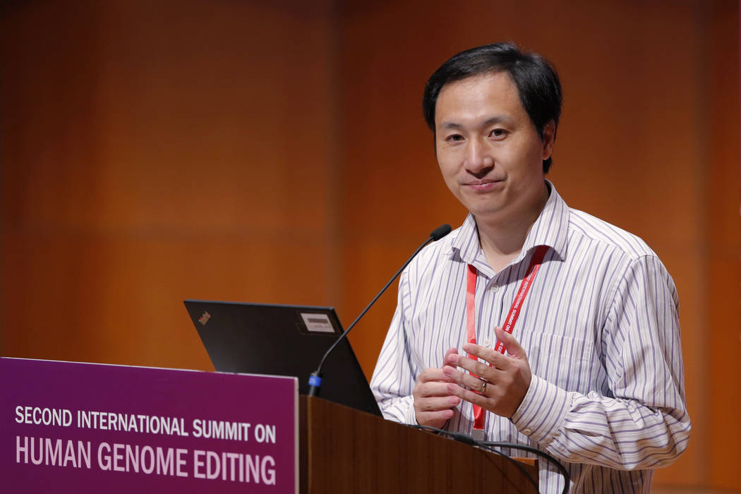 FILE - In this Nov. 28, 2018, file photo, He Jiankui speaks during the Human Genome Editing Con ...