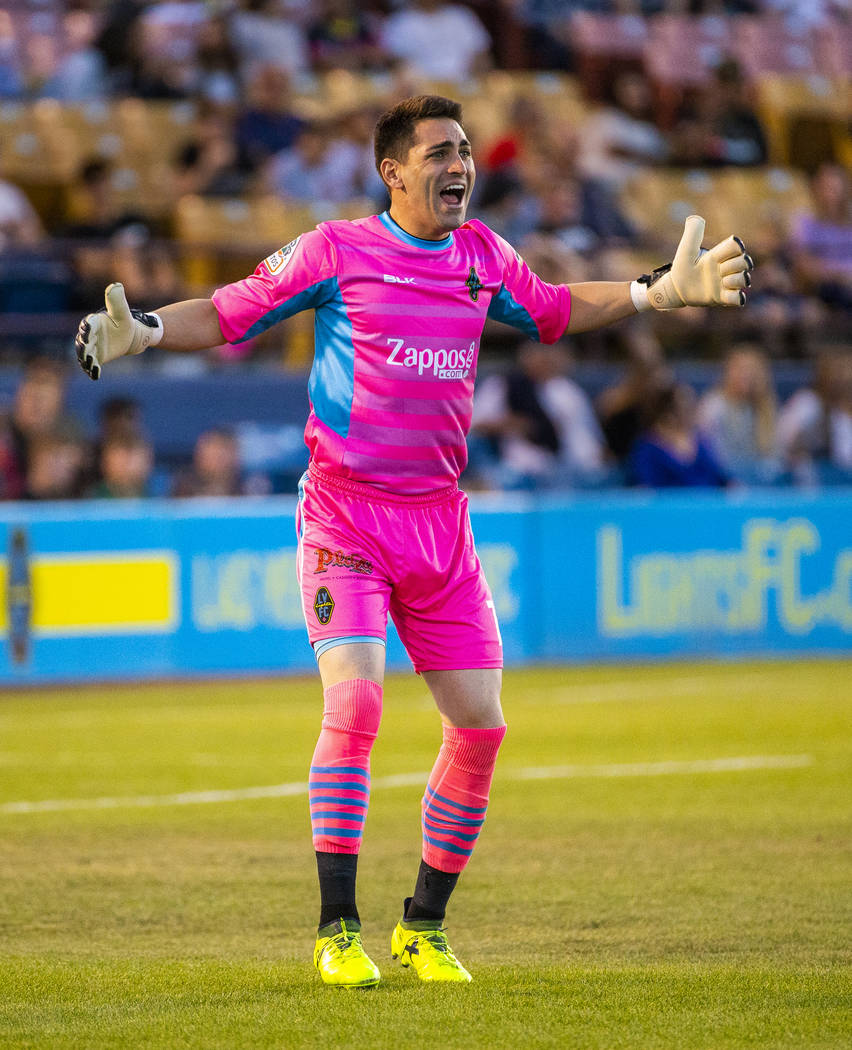 Las Vegas Lights FC goalkeeper Thomas Olsen (1) directs his teammates during their game versus ...