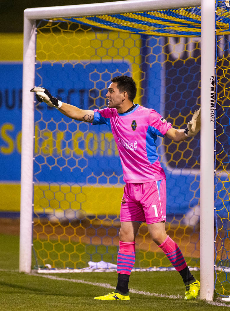 Las Vegas Lights FC goalkeeper Thomas Olsen (1) directs his teammates during their game versus ...