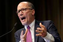 Tom Perez, chairman of the Democratic National Committee, speaks April 3, 2019, during the Nati ...