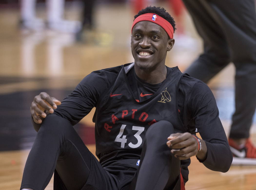 Toronto Raptors' Pascal Siakam smiles during practice for the NBA Finals in Toronto on Wednesda ...